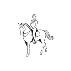 Black and white line art of a beautiful woman with perfect body riding horse elegant minimalist illustration