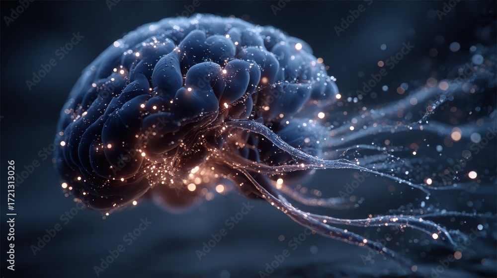 Poster visual representation of a brain with glowing tendrils illustrating neural connections and creative 