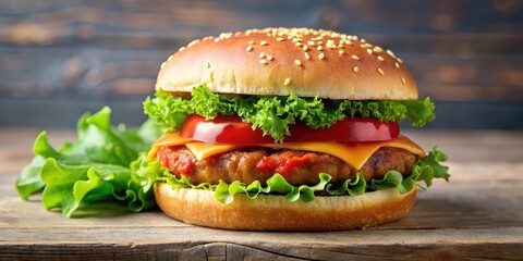 Freshly made double veggie burger patty on a toasted bun with ketchup and crisp lettuce leaves