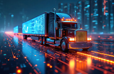 Trucks navigate complex supply chains with advanced logistics, technology. Digital data streams on trailer screens visualize risk management, operational efficiency, network connectivity. Focus on