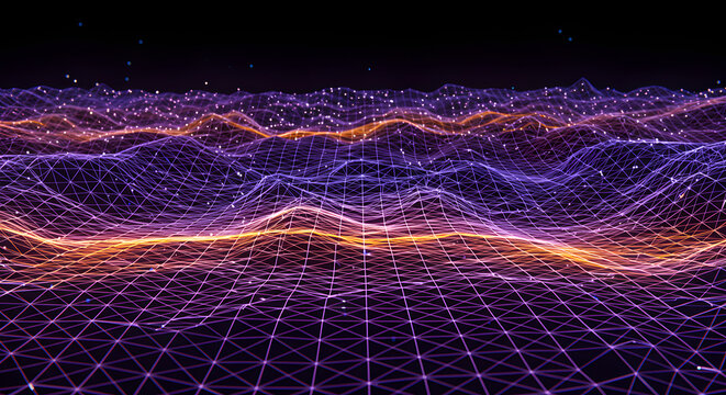 Abstract Network Landscape with Glowing Lines and Sparkling Particles, Perfect for Technology and Innovation Visualizations and Next Generation Science Concepts.