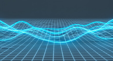 Abstract Visualization of Data Waves on a Grid Network with Glowing Blue Lines, for Technology and Innovation
