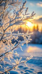 Obraz premium Frozen tree branches against a blurred winter background with sunlit rays illuminating delicate frost details