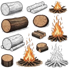Cartoon drawing of firewood and campfire illustration set