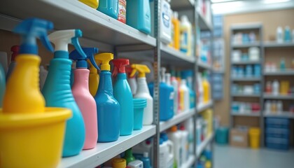 Cleaning supplies organized on shelves. Spray bottles, detergents in plastic containers arranged for easy access. Variety of cleaning products, containers. Supplies in store, room. Home, office