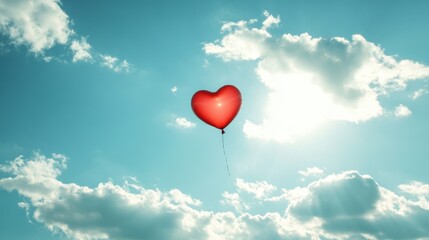 Heart-shaped balloon floating in a clear blue sky with clouds during daylight