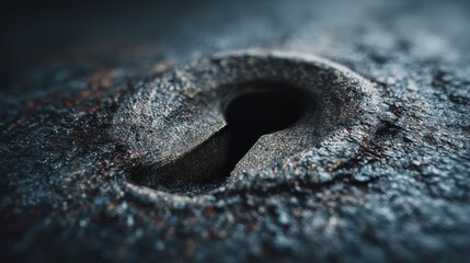 Unique close-up of a textured keyhole revealing intricate details of its surface and surroundings in soft lighting