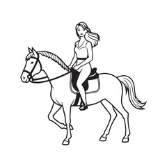 Black and white line art of a beautiful woman with perfect body riding horse elegant minimalist illustration