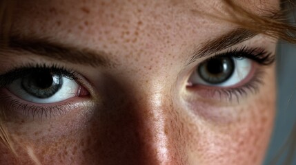 Close-up view of a person’s striking eyes with freckles and intense expression in soft light