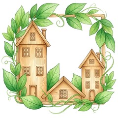 Hand-drawn wooden houses with green leaves frame on white background