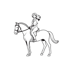 Fototapeta premium Black and white line art of a beautiful woman with perfect body riding horse elegant minimalist illustration