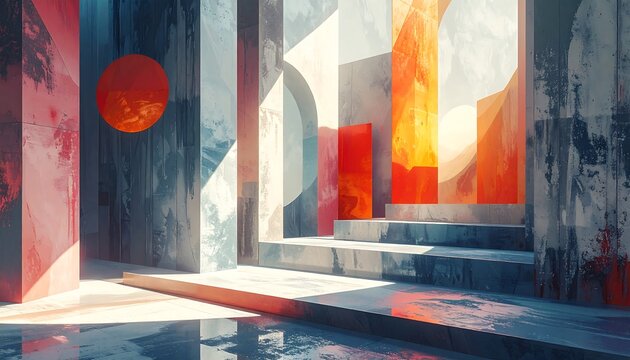 Abstract architectural interior, vibrant colors, geometric shapes