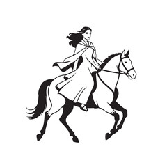 Black and white line art of a beautiful woman with perfect body riding horse elegant minimalist illustration