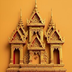 Golden ornate Thai temple window on yellow background