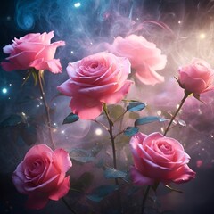 Pink roses with ethereal smoke background for romantic occasions