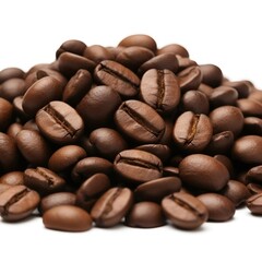 Pile of roasted coffee beans on white background