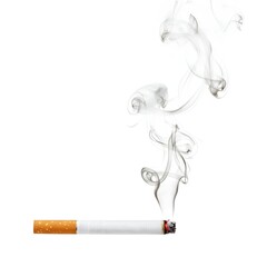 Lit cigarette with smoke on white background