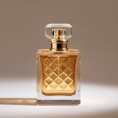 Elegant perfume bottle with golden liquid on white surface