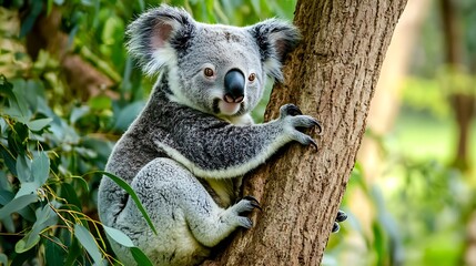 Obraz premium Koala on a tree with bush green background
