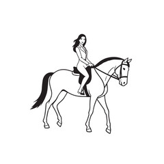 Black and white line art of a beautiful woman with perfect body riding horse elegant minimalist illustration