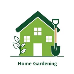 Home Gardening illustration with house, plant and shovel