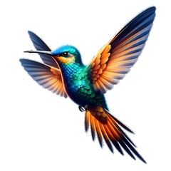 Colorful hummingbird in flight on white background