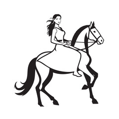 Black and white line art of a beautiful woman with perfect body riding horse elegant minimalist illustration