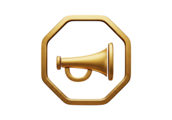 Golden megaphone inside octagon frame isolated on transparent background, 3d rendering