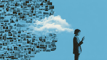 Man Contemplating a Cloud Brain of Digital Icons," "Digital Mind Concept with Man and Data Cloud," "Human Thinking with Tech-Driven Brain Symbol