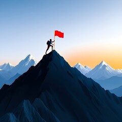 Man planting flag on mountain peak as success achievement illustration