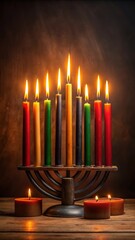 Candles in a kwanzaa kinara on a dark backdrop with warm