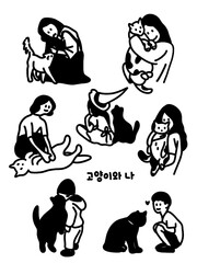 Black and white minimalist illustration of people with cats