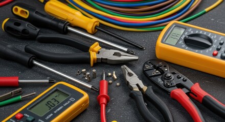 Set of Tools Used in Electrical Installations with Colorful Wires