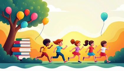 Happy children embrace colorful learning outdoors. Kids run with rainbow balloons near stack of books under sunny trees. School, kindergarten, creative fun, diverse friends exploring knowledge.