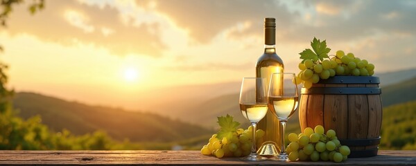 Elegant white wine bottle, two glasses, fresh green grapes rest on rustic wooden table. Wine barrel sits nearby. Scene set against backdrop of rolling hills at golden hour sunset, evoking relaxation,