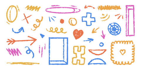 Charcoal colorful doodles and drawings isolated on the white bacground. Simeple elements, frames and chalk graphics. Vector clip art.