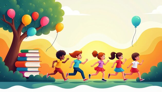 Happy children embrace colorful learning outdoors. Kids run with rainbow balloons near stack of books under sunny trees. School, kindergarten, creative fun, diverse friends exploring knowledge.