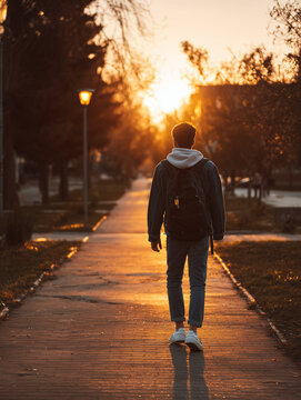 A solitary faceless student walks along a sunlit autumn campus path, backpack on, representing the journey of education and the future, World Students' Day