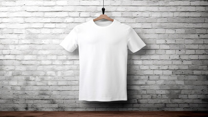 Blank White T-Shirt Mockup on Hanger Against a Brick Wall. Apparel Template, Casual Wear, Fashion Design.