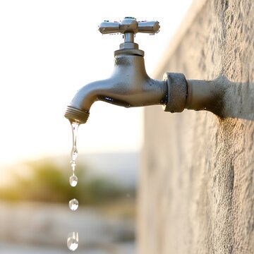 Close-up of a silver metal outdoor water tap with dripping water against a light concrete wall in bright sunlight