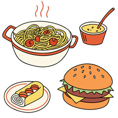 Vector art of a vibrant collection of cartoonstyle food illustrations, , featuring spaghetti, soup, a swiss roll, and a burger, perfect for adding a playful touch to designs
