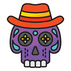 A purple sugar skull with a colorful fedora hat