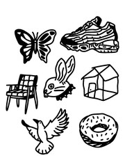 Edgy flash sheet: sneaker, bunny, butterfly, donut.