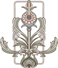 Art Deco, Art Nouveau. Composition of symmetrical botanical elements with a border, in a vintage feel, for branding, advertising, and wedding design. Digital illustration.