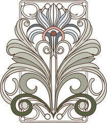 Art Deco, Art Nouveau. Composition of symmetrical botanical elements with a border, in a vintage feel, for branding, advertising, and wedding design. Digital illustration.