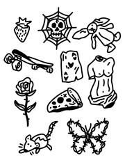 Edgy flash sheet: skate, pizza, spider, bunny