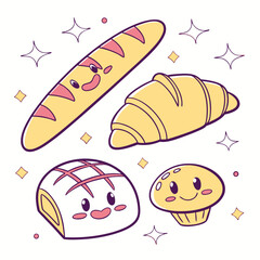 Vector art of a whimsical collection of adorable baked goods with cute faces, including a baguette, croissant, loaf, and muffin, a sweet treat for any occasion