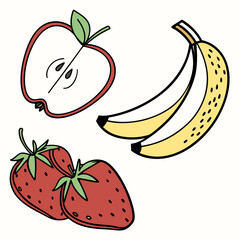 Vector art of a vibrant illustration showcases a delightful assortment of fresh fruits, including a halved apple, a pair of ripe bananas, and two succulent strawberries, perfect for healthy eating