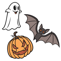 Vector art of spooky halloween cartoon illustration featuring a ghost, a bat with open wings, and a carved pumpkin with a scary face, perfect for the holiday