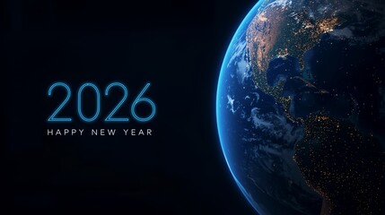 Background and banner with New Year 2026 theme, dark background and a planet Earth whose structure is formed from glowing dot particles, Happy new year 2026 greetings	